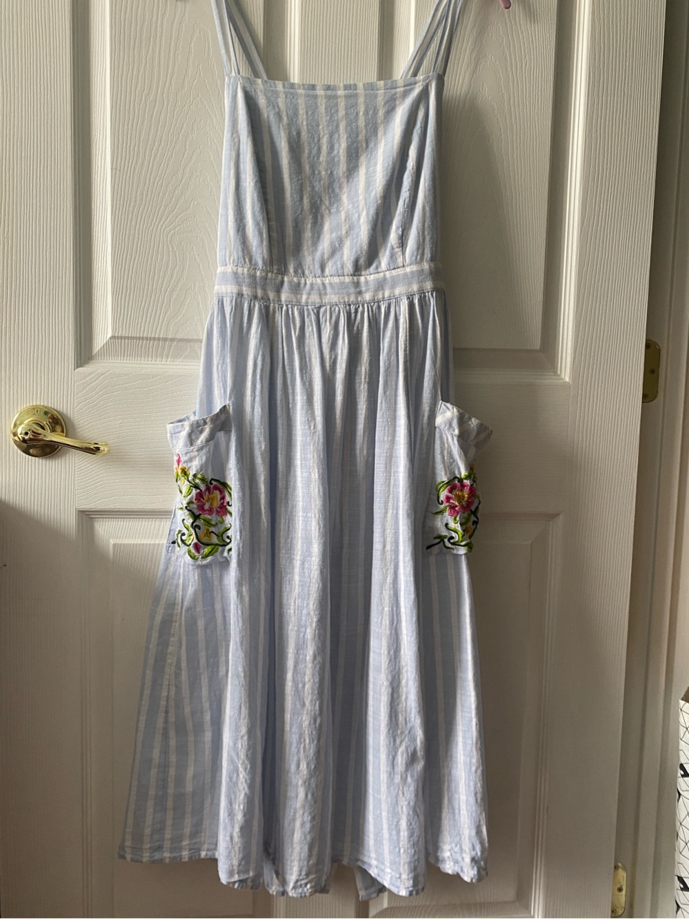 Urban Outfitters Sky Blue Striped Dress with Floral Embroidered Pockets - Picture 9 of 9